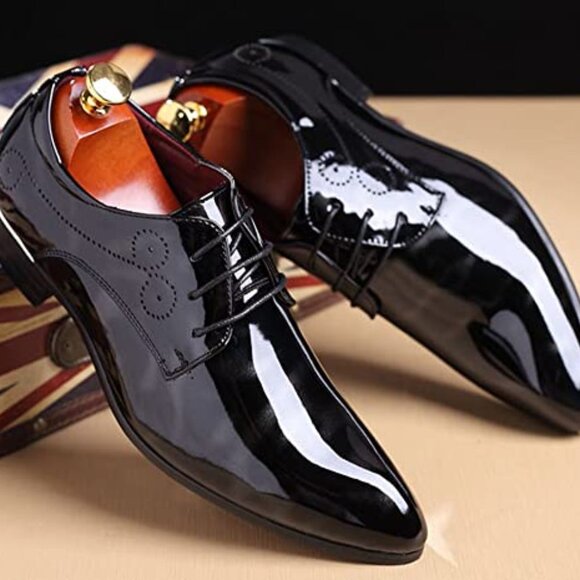 Santimon Men's US 9.5 - 12 Black Patent Leather Lace Up Derby Pointed Toe Shoes - Picture 7 of 10